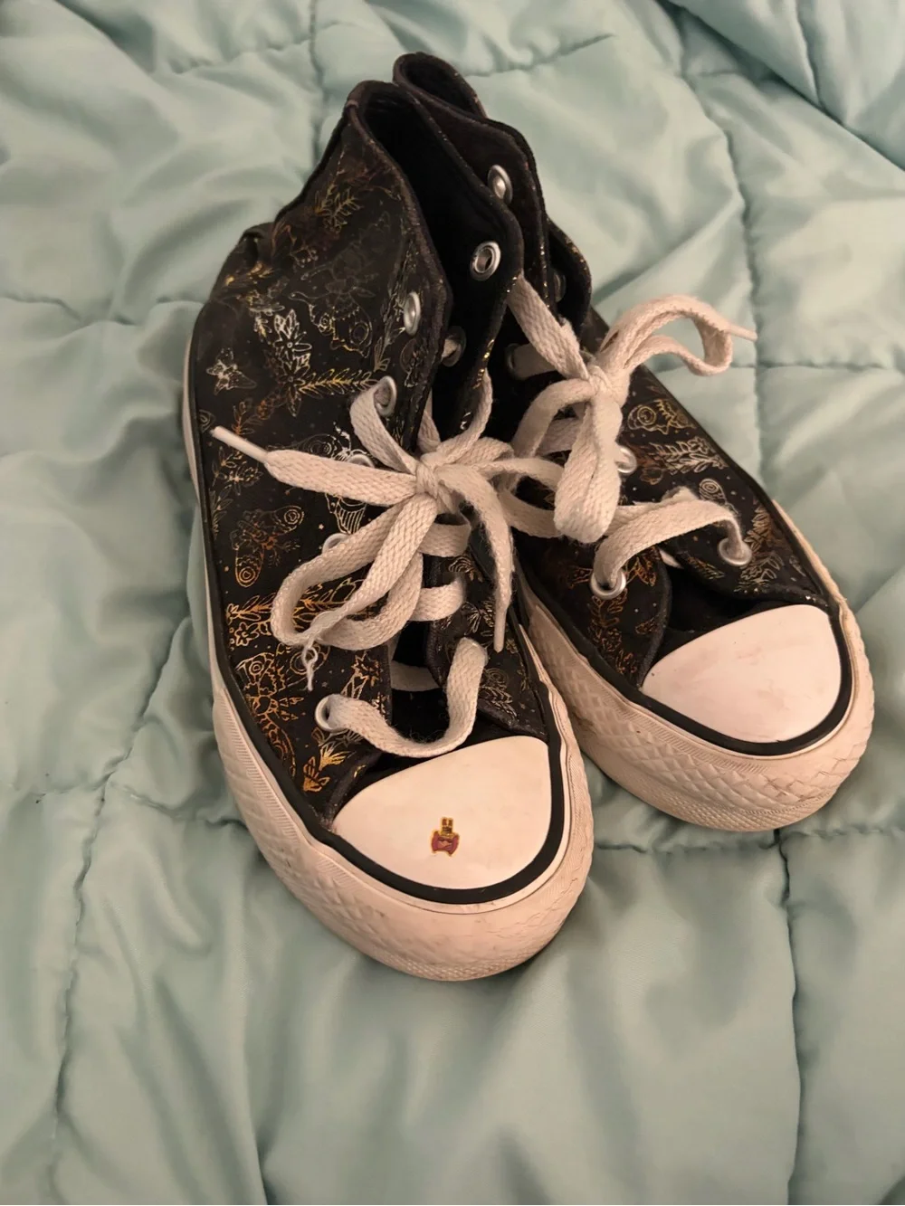 Converse Black High-Top Sneakers with Gold Metallic Butterfly and Floral Print